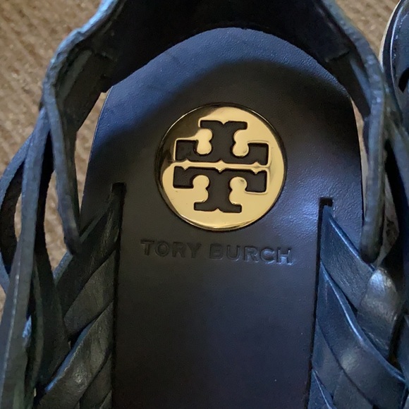 Tory Burch navy leather Killian woven wedge sandals size 10.5 - Picture 8 of 9